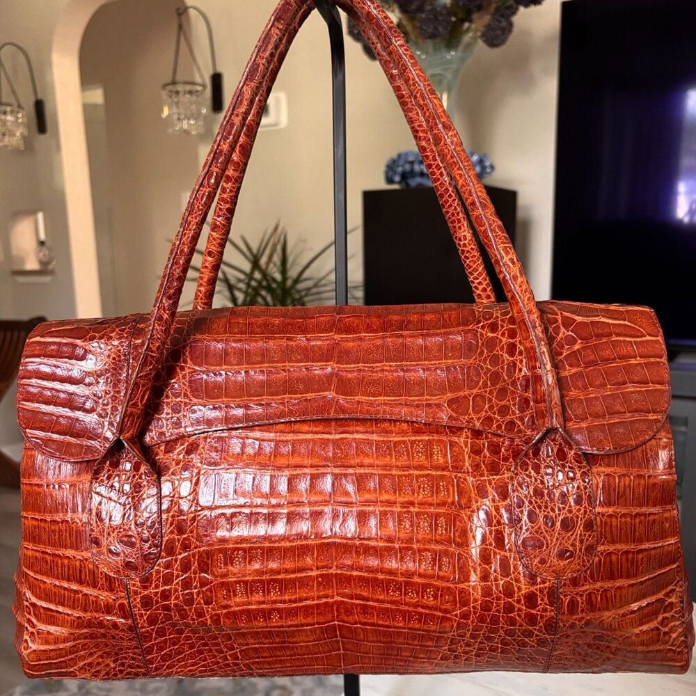 Nancy Gonzalez Genuine Caiman Cognac Brown Flap Shoulder Bag